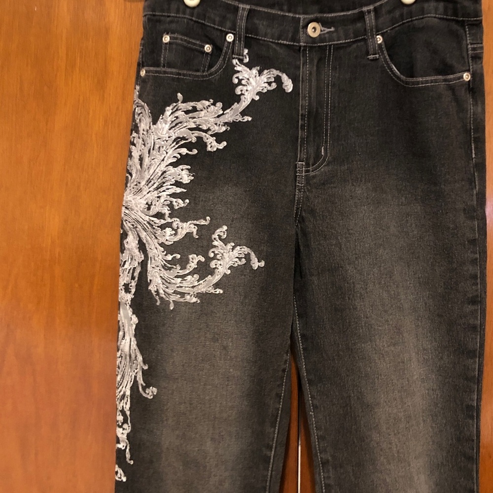 Vintage DG2 by Diane Gilman Dark Grey Bootcut Jeans |Glitter Paint Design NWOT